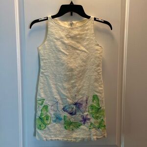 Lili & me, linen dress.  (8).  Off-white with purple and green butterflies.